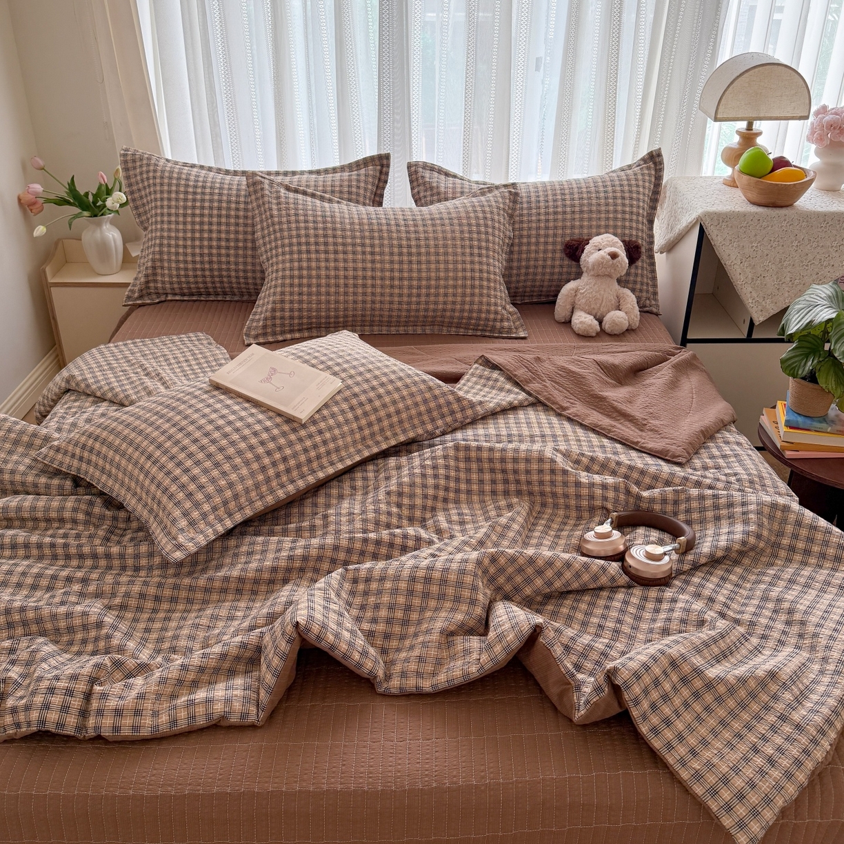 91家纺网 家纺一手货源 找家纺 梵希雅 2026新款云感泡芙棉泡芙纱床盖夏被四件套 古典格