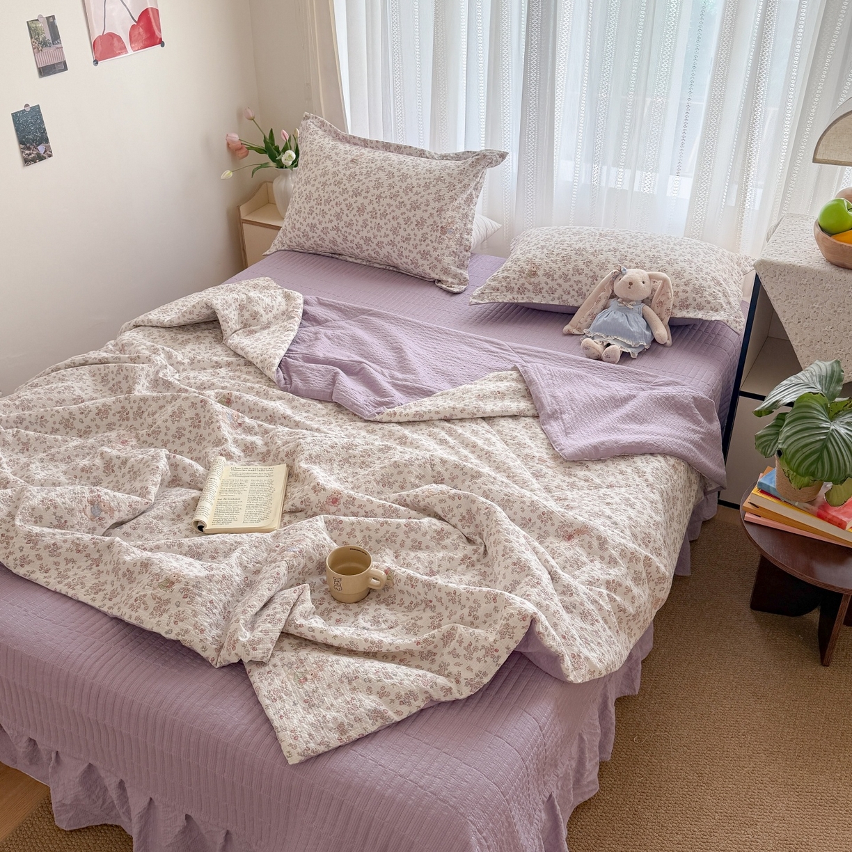 91家纺网 家纺一手货源 找家纺 梵希雅 2026新款云感泡芙棉泡芙纱床盖夏被四件套 红果兔兔