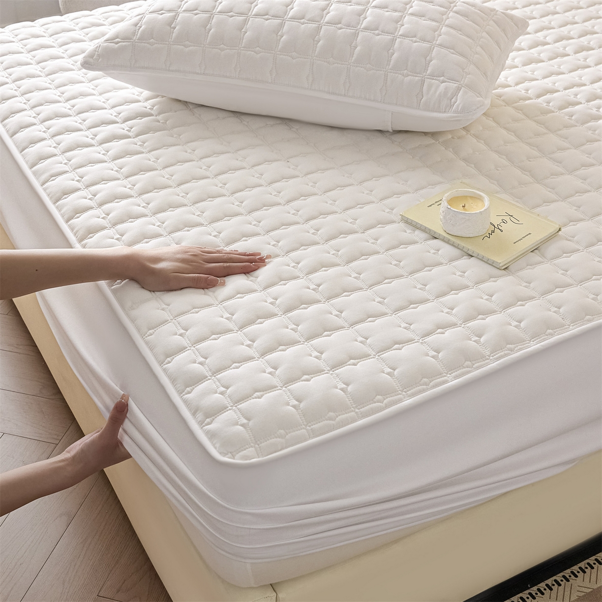 91家纺网 家纺一手货源 找家纺 优眠坊 2026新款夹棉床笠/防水床笠   床笠三件套 格趣-白色-不防水款