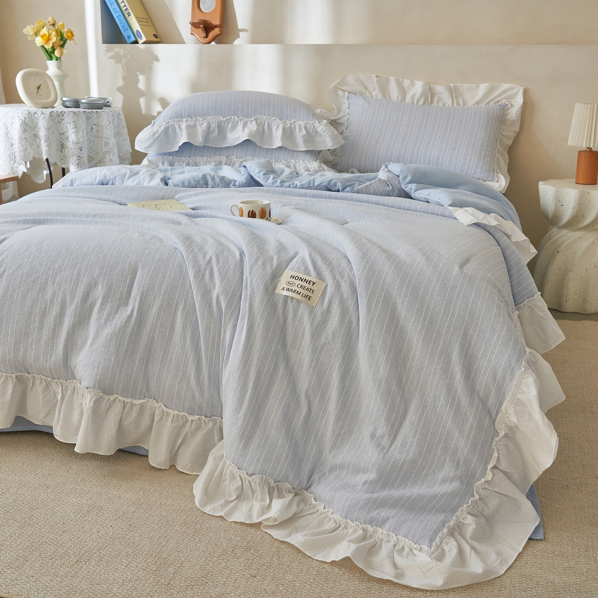 91家纺网 家纺一手货源 找家纺 （总）晨曦家纺 2026新款荷叶花边泡芙纱提花夏凉被四件套可水洗棉夏被四件套少女风