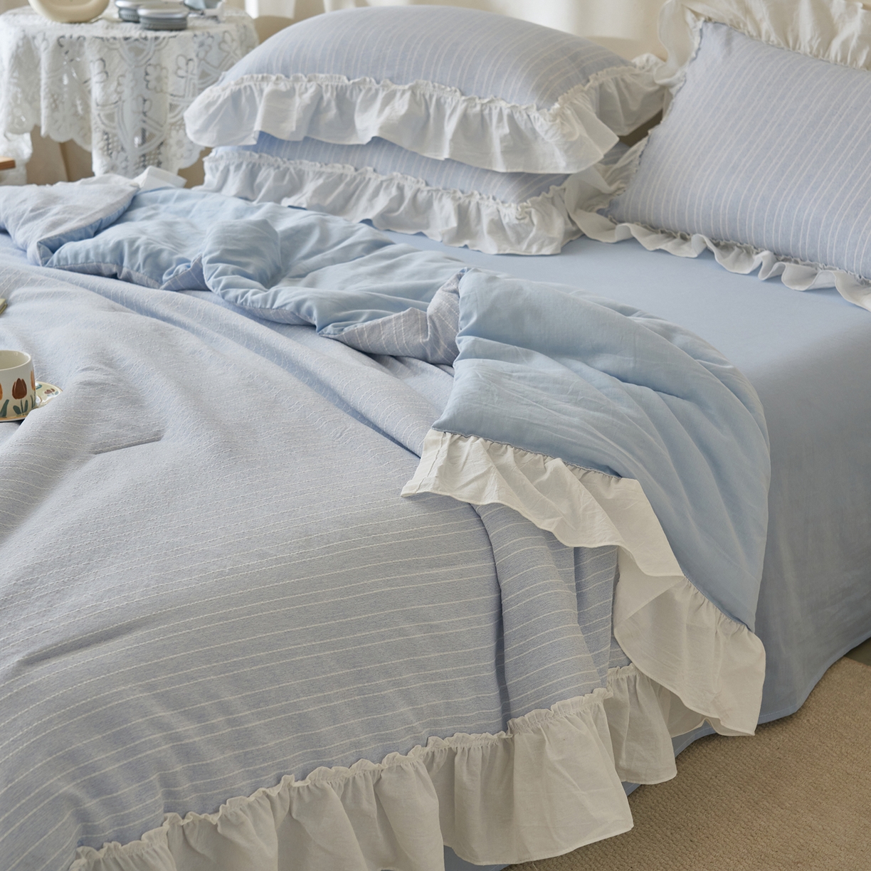 91家纺网 家纺一手货源 找家纺 （总）晨曦家纺 2026新款荷叶花边泡芙纱提花夏凉被四件套可水洗棉夏被四件套少女风