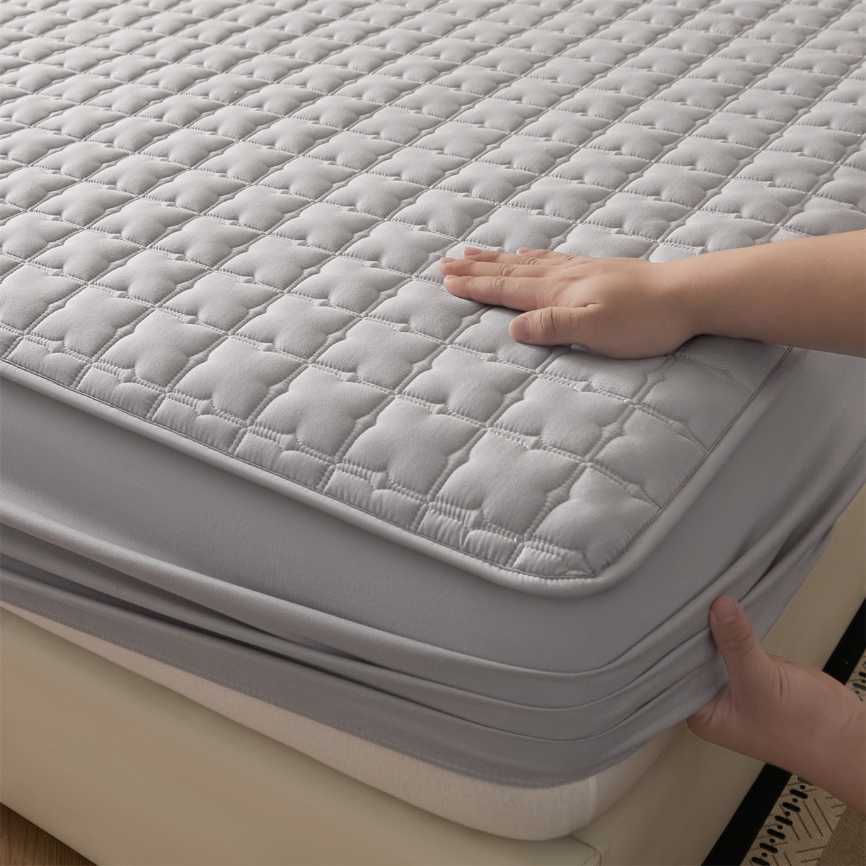 91家纺网 家纺一手货源 找家纺 优眠坊 2026新款夹棉床笠/防水床笠   床笠三件套 格趣-浅灰-不防水款