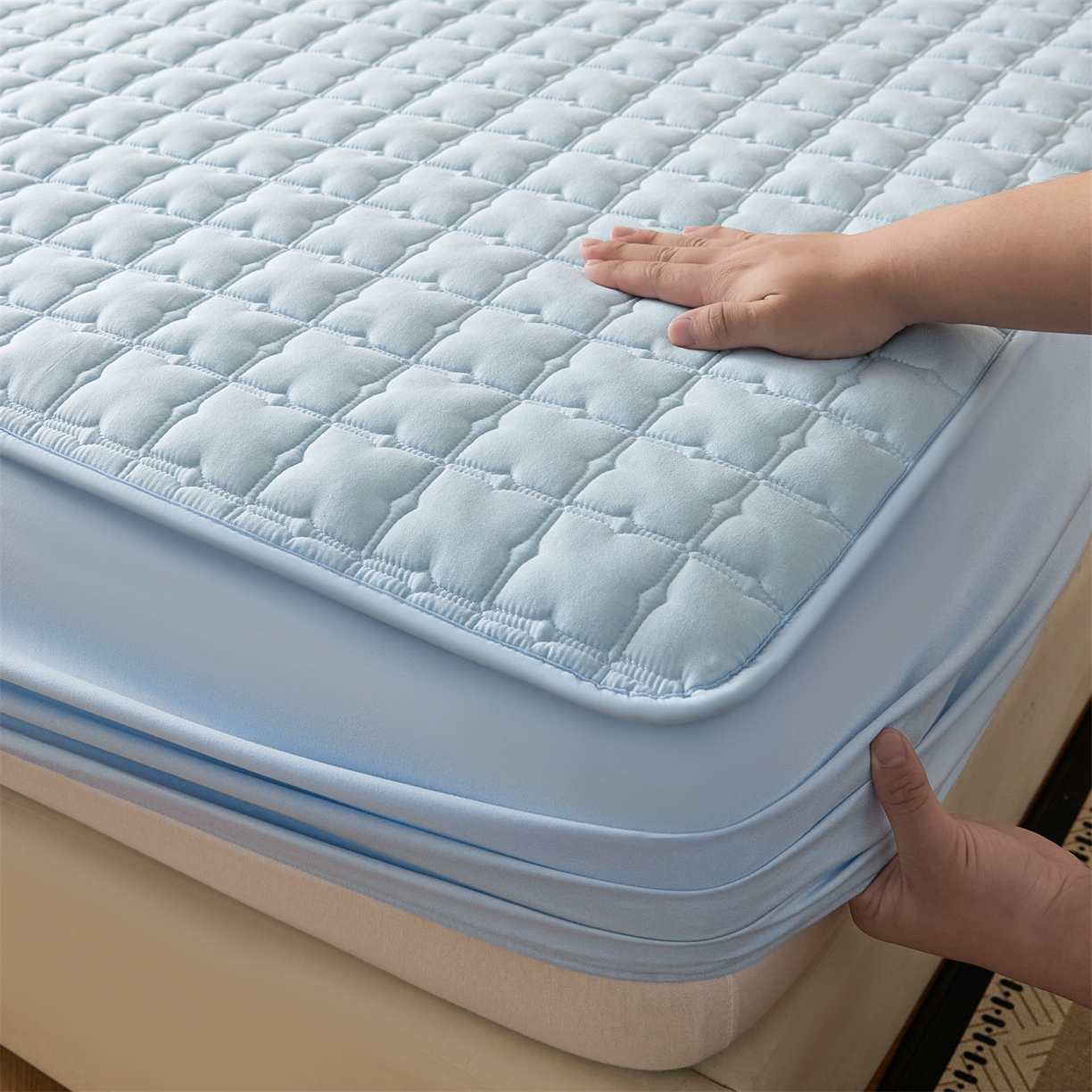 91家纺网 家纺一手货源 找家纺 优眠坊 2026新款夹棉床笠/防水床笠   床笠三件套 格趣-浅蓝-不防水款