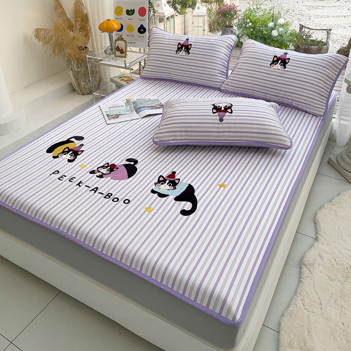 91家纺网 家纺一手货源 找家纺 炫拼家纺 2026新款A类凉豆豆提花条纹卡通刺绣床笠席 条纹-淘气猫