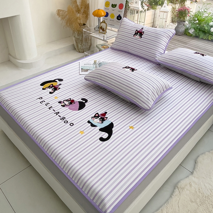 91家纺网 家纺一手货源 找家纺 炫拼家纺 2026新款A类凉豆豆提花条纹卡通刺绣床笠席 条纹-淘气猫