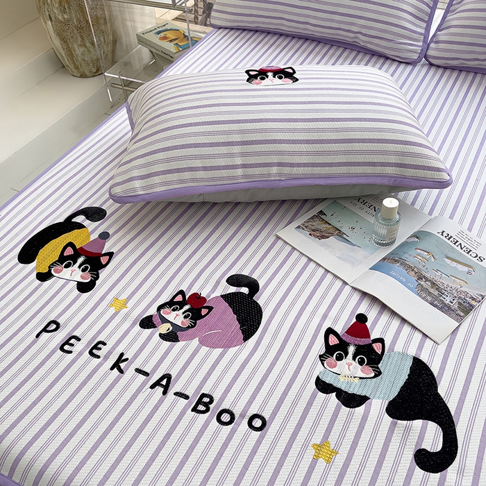 91家纺网 家纺一手货源 找家纺 炫拼家纺 2026新款A类凉豆豆提花条纹卡通刺绣床笠席 条纹-淘气猫