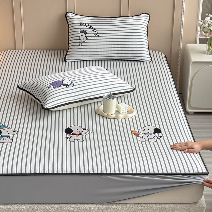 炫拼家纺 2026新款A类凉豆豆提花条纹卡通刺绣床笠席 条纹-冰淇淋狗