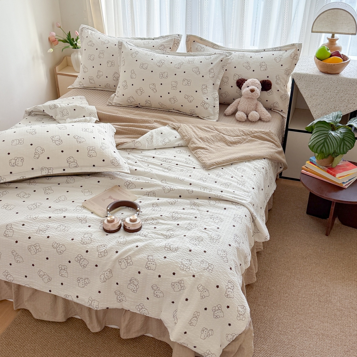 91家纺网 家纺一手货源 找家纺 梵希雅 2026新款云感泡芙棉泡芙纱床盖夏被四件套 描线猫