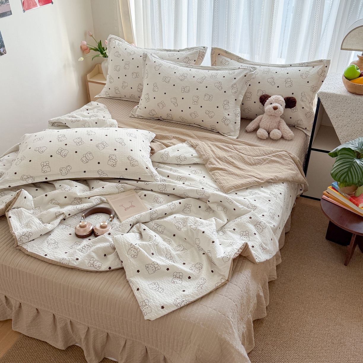 91家纺网 家纺一手货源 找家纺 梵希雅 2026新款云感泡芙棉泡芙纱床盖夏被四件套 描线猫