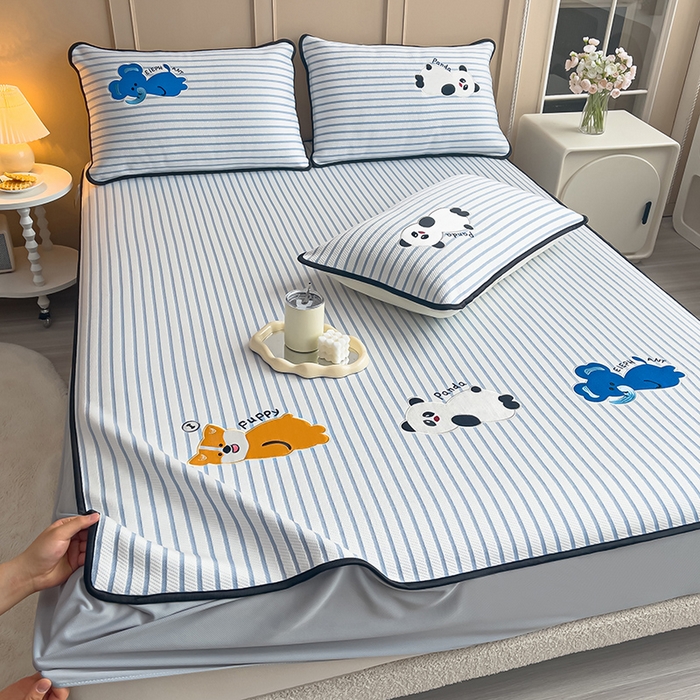 91家纺网 家纺一手货源 找家纺 炫拼家纺 2026新款A类凉豆豆提花条纹卡通刺绣床笠席 条纹-趴趴睡