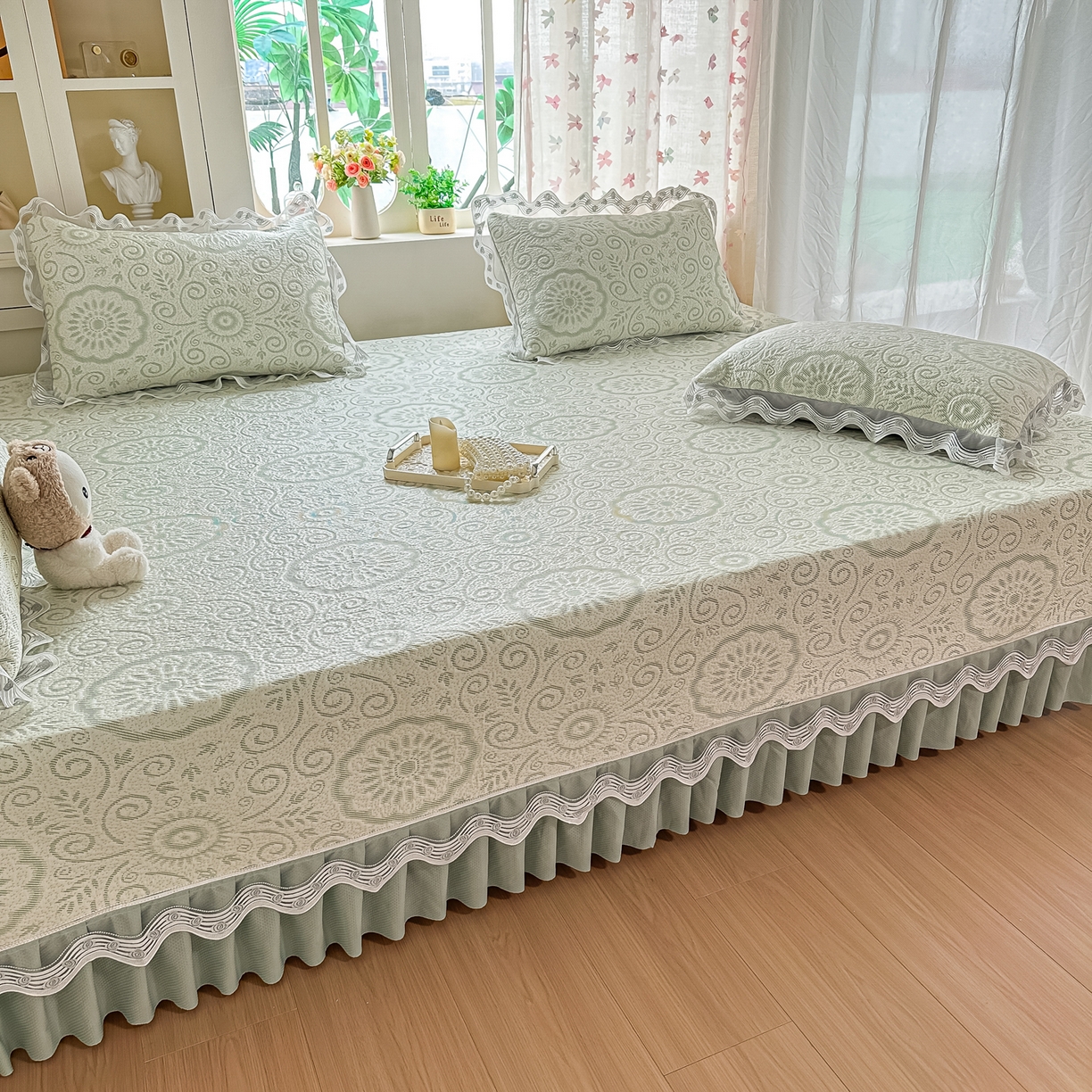 91家纺网 家纺一手货源 找家纺 手艺人家纺 2026可定制炕盖榻榻米床盖大炕床单通用豆豆冰丝凉席榻榻米东北土炕（含买家秀） 冰爽圆梦绿