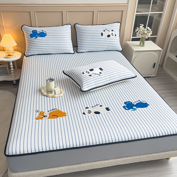 91家纺网 家纺一手货源 找家纺 炫拼家纺 2026新款A类凉豆豆提花条纹卡通刺绣床笠席 条纹-趴趴睡