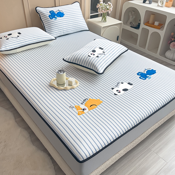 91家纺网 家纺一手货源 找家纺 炫拼家纺 2026新款A类凉豆豆提花条纹卡通刺绣床笠席 条纹-趴趴睡