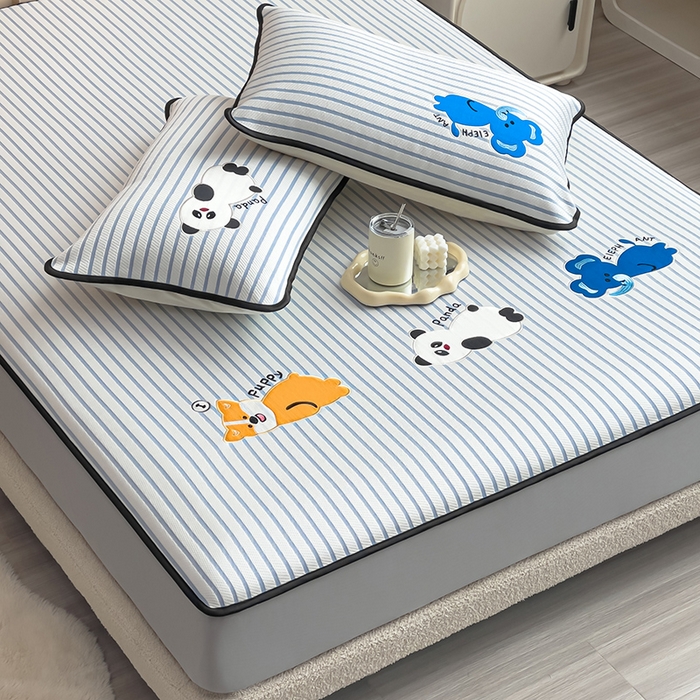 91家纺网 家纺一手货源 找家纺 炫拼家纺 2026新款A类凉豆豆提花条纹卡通刺绣床笠席 条纹-趴趴睡