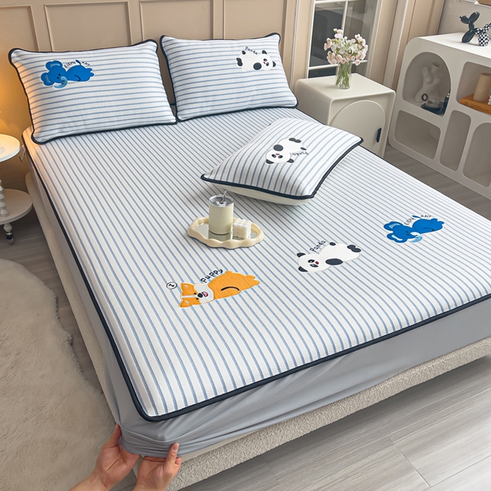 91家纺网 家纺一手货源 找家纺 炫拼家纺 2026新款A类凉豆豆提花条纹卡通刺绣床笠席 条纹-趴趴睡