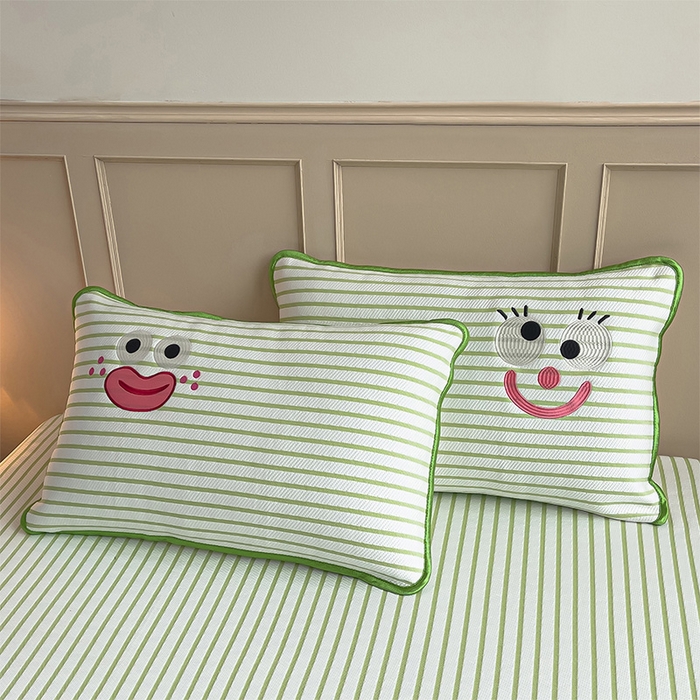 91家纺网 家纺一手货源 找家纺 炫拼家纺 2026新款A类凉豆豆提花条纹卡通刺绣床笠席 条纹-气泡女孩