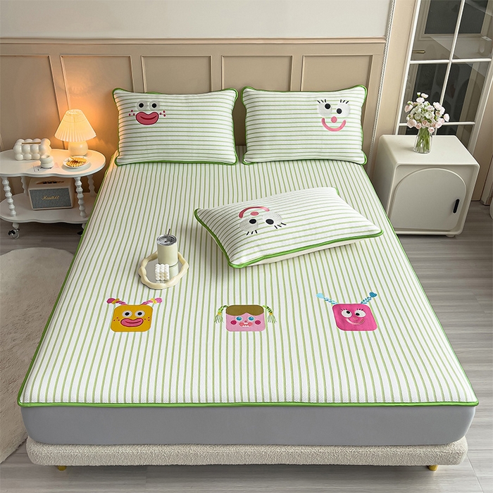 91家纺网 家纺一手货源 找家纺 炫拼家纺 2026新款A类凉豆豆提花条纹卡通刺绣床笠席 条纹-气泡女孩