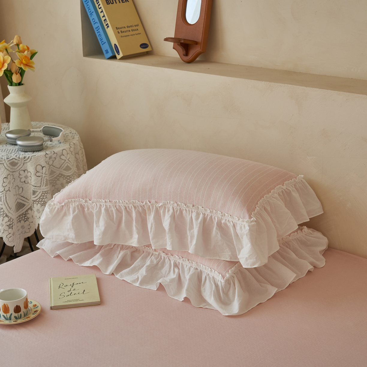 91家纺网 家纺一手货源 找家纺 晨曦家纺 2026新款荷叶花边泡芙纱提花夏凉被四件套可水洗棉夏被四件套少女风 樱花粉茶