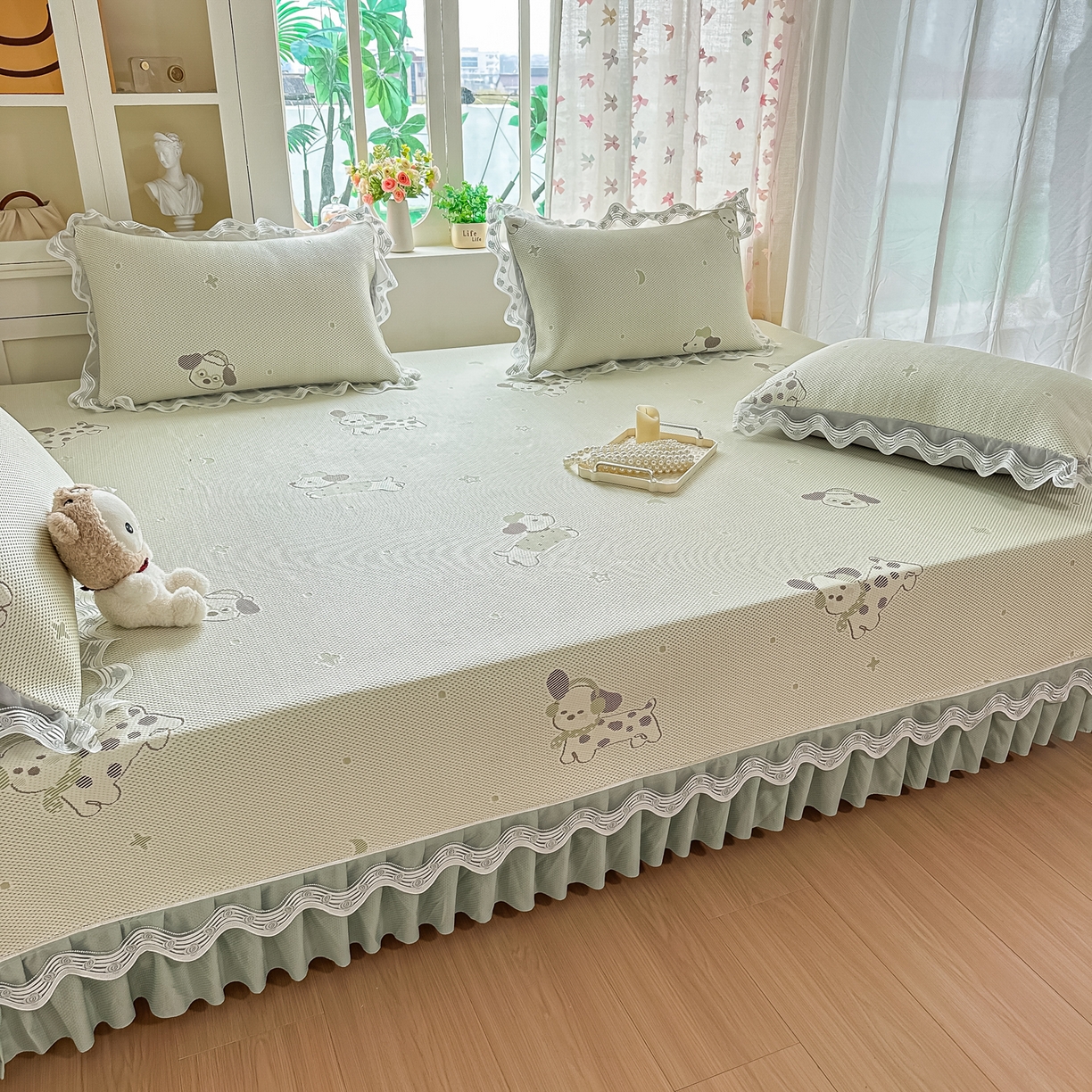 91家纺网 家纺一手货源 找家纺 手艺人家纺 2026可定制炕盖榻榻米床盖大炕床单通用豆豆冰丝凉席榻榻米东北土炕（含买家秀） 清爽福狗绿