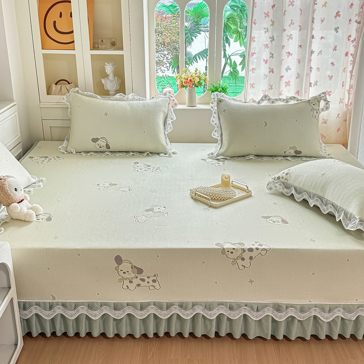 91家纺网 家纺一手货源 找家纺 手艺人家纺 2026可定制炕盖榻榻米床盖大炕床单通用豆豆冰丝凉席榻榻米东北土炕（含买家秀） 清爽福狗绿