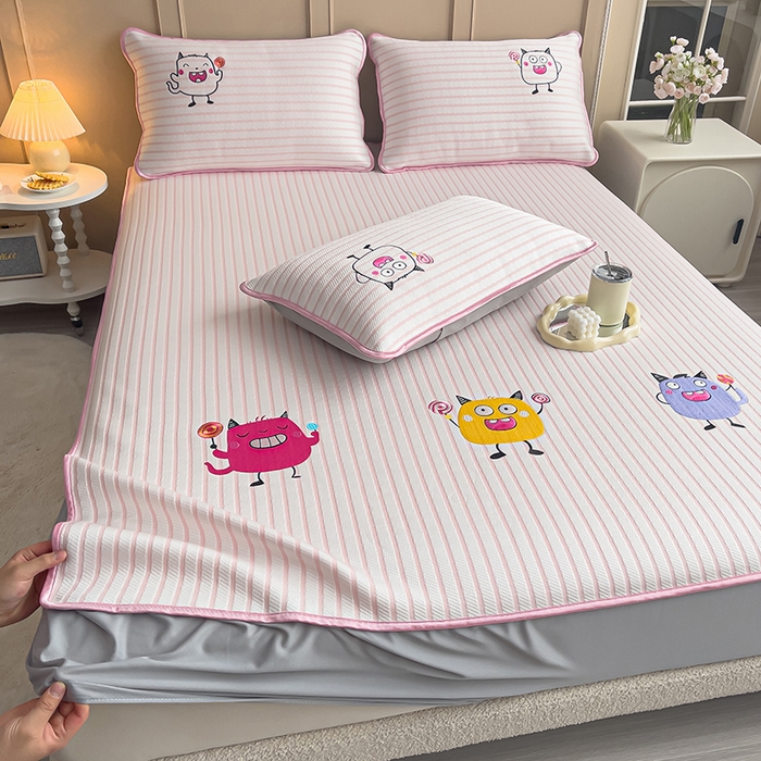 91家纺网 家纺一手货源 找家纺 炫拼家纺 2026新款A类凉豆豆提花条纹卡通刺绣床笠席 条纹-小怪兽糖糖