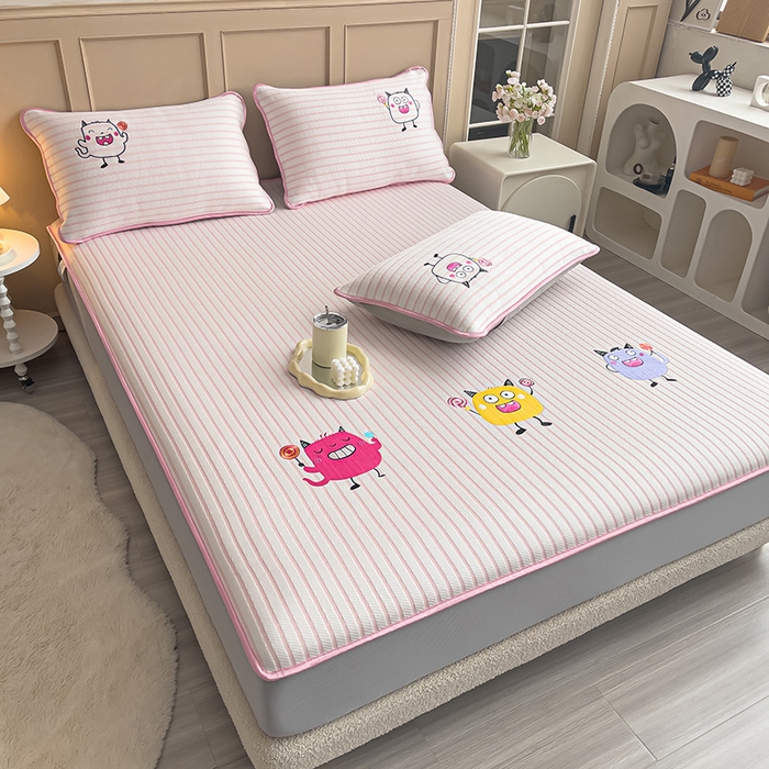 91家纺网 家纺一手货源 找家纺 炫拼家纺 2026新款A类凉豆豆提花条纹卡通刺绣床笠席 条纹-小怪兽糖糖