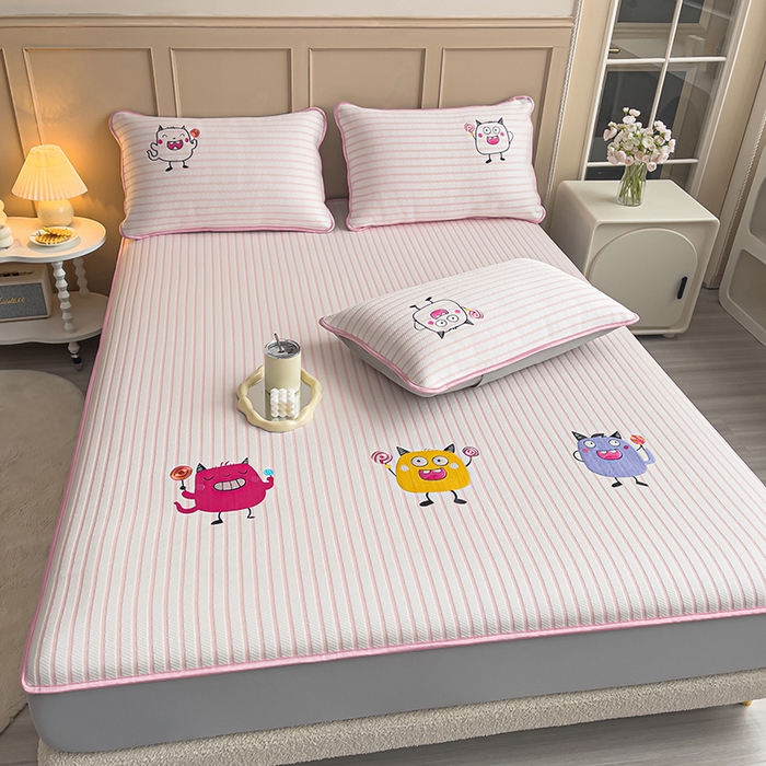 91家纺网 家纺一手货源 找家纺 炫拼家纺 2026新款A类凉豆豆提花条纹卡通刺绣床笠席 条纹-小怪兽糖糖