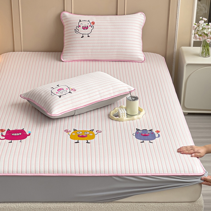 炫拼家纺 2026新款A类凉豆豆提花条纹卡通刺绣床笠席 条纹-小怪兽糖糖