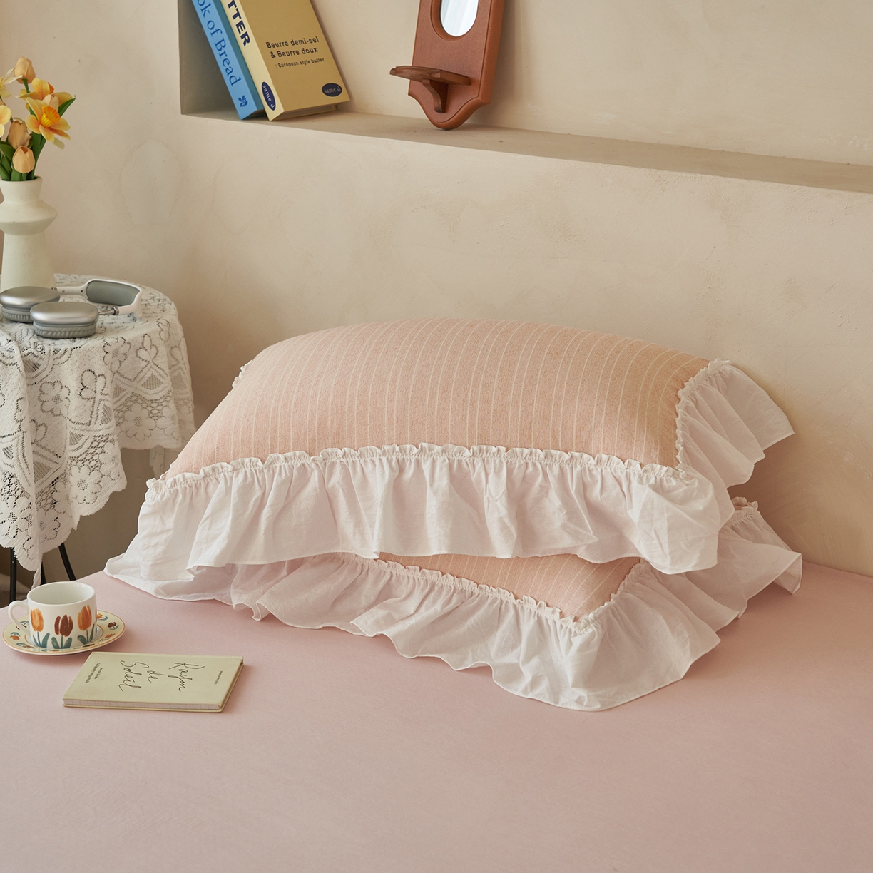 91家纺网 家纺一手货源 找家纺 晨曦家纺 2026新款荷叶花边泡芙纱提花夏凉被四件套可水洗棉夏被四件套少女风 蜜桃奶芙