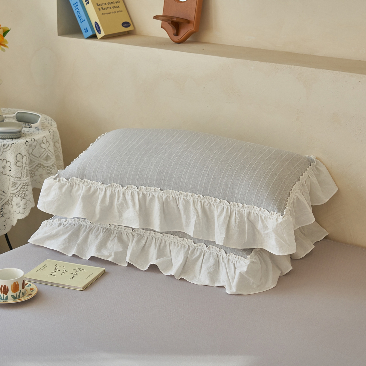 91家纺网 家纺一手货源 找家纺 晨曦家纺 2026新款荷叶花边泡芙纱提花夏凉被四件套可水洗棉夏被四件套少女风 温柔灰蓝