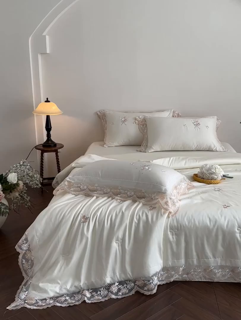 91家纺网 家纺一手货源 找家纺 爱家（原缔乐家纺） 2026新款天丝夏被四件套-轻梦 婉栀-奶昔白