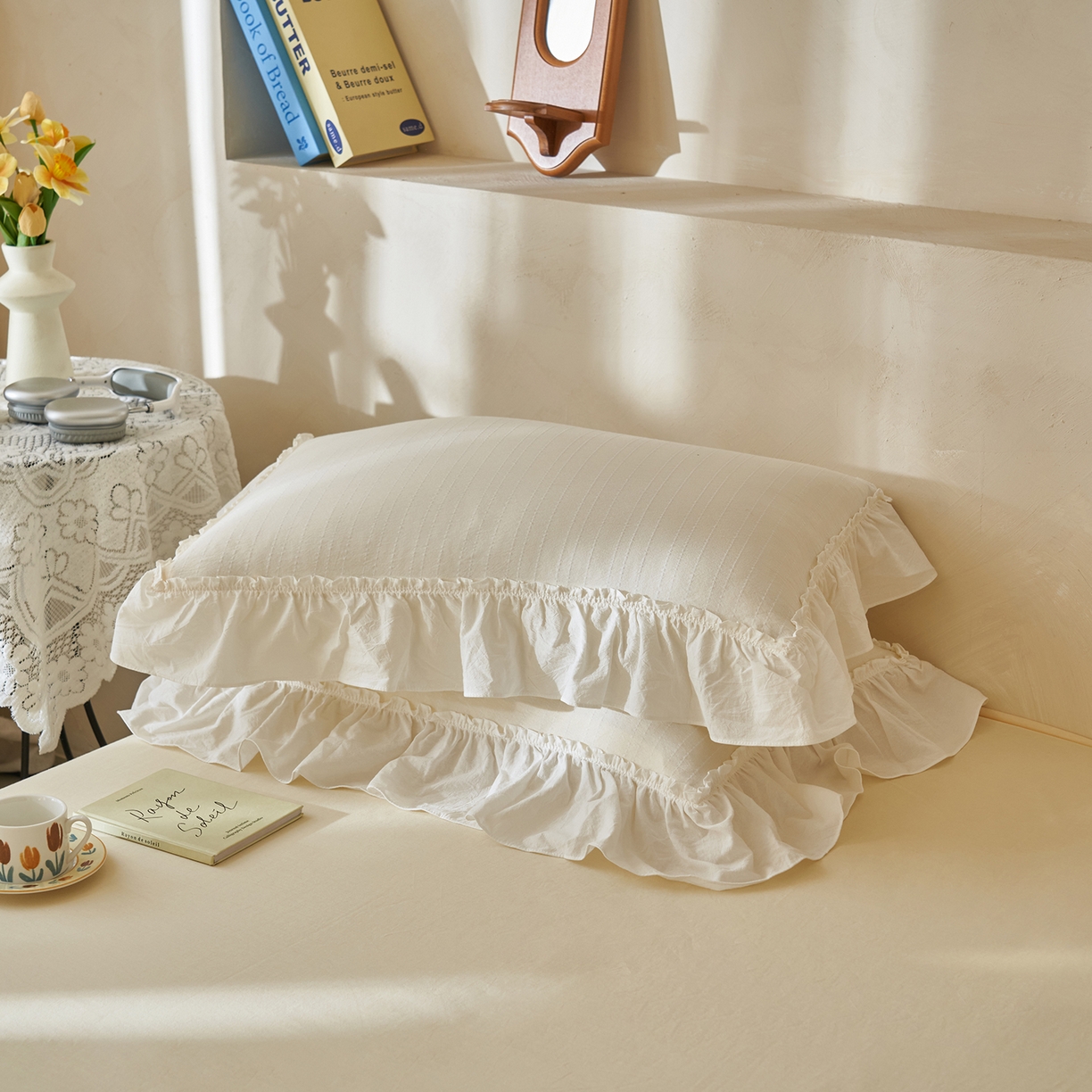 91家纺网 家纺一手货源 找家纺 晨曦家纺 2026新款荷叶花边泡芙纱提花夏凉被四件套可水洗棉夏被四件套少女风 黄油奶芙