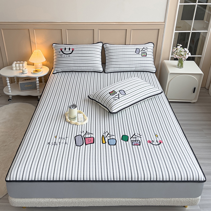 91家纺网 家纺一手货源 找家纺 炫拼家纺 2026新款A类凉豆豆提花条纹卡通刺绣床笠席 条纹-又混了一天