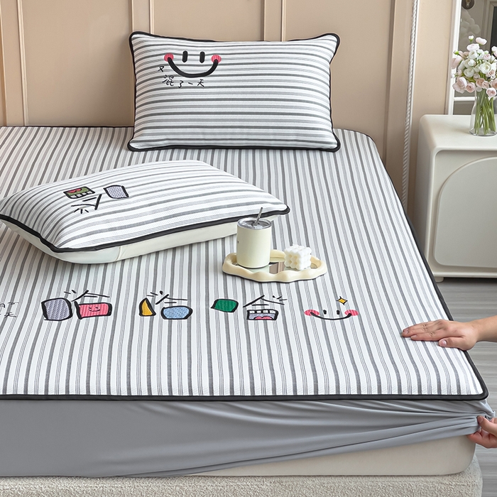 炫拼家纺 2026新款A类凉豆豆提花条纹卡通刺绣床笠席 条纹-又混了一天