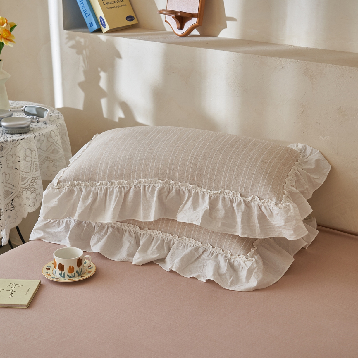 91家纺网 家纺一手货源 找家纺 晨曦家纺 2026新款荷叶花边泡芙纱提花夏凉被四件套可水洗棉夏被四件套少女风 焦糖奶芙