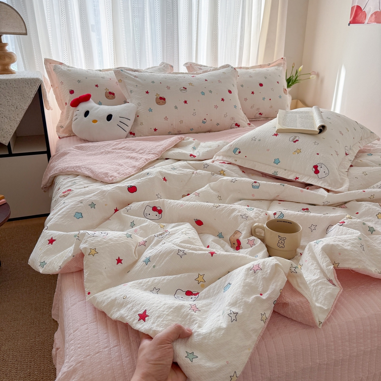 91家纺网 家纺一手货源 找家纺 梵希雅 2026新款云感泡芙棉泡芙纱床盖夏被四件套 星芒凯蒂