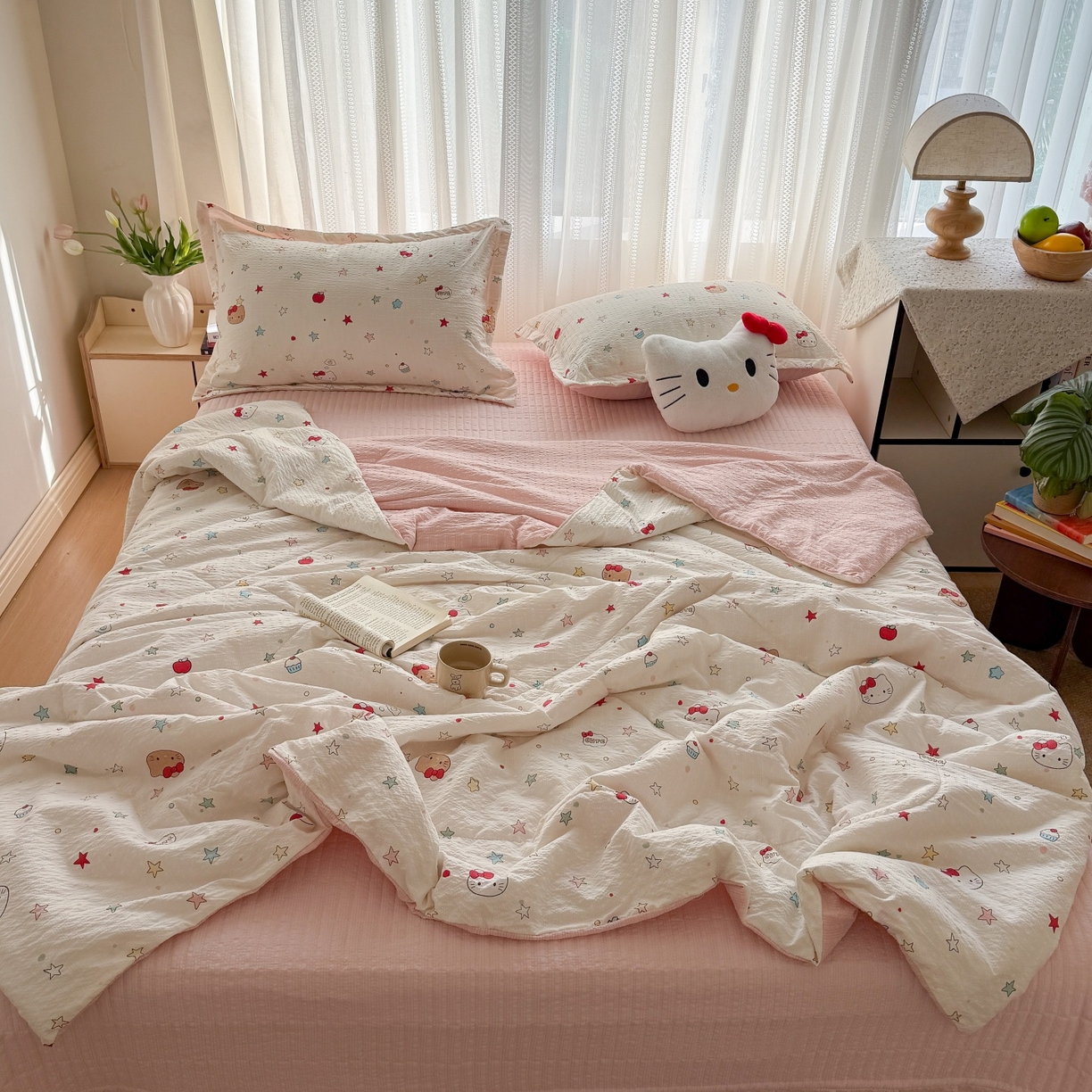 91家纺网 家纺一手货源 找家纺 梵希雅 2026新款云感泡芙棉泡芙纱床盖夏被四件套 星芒凯蒂