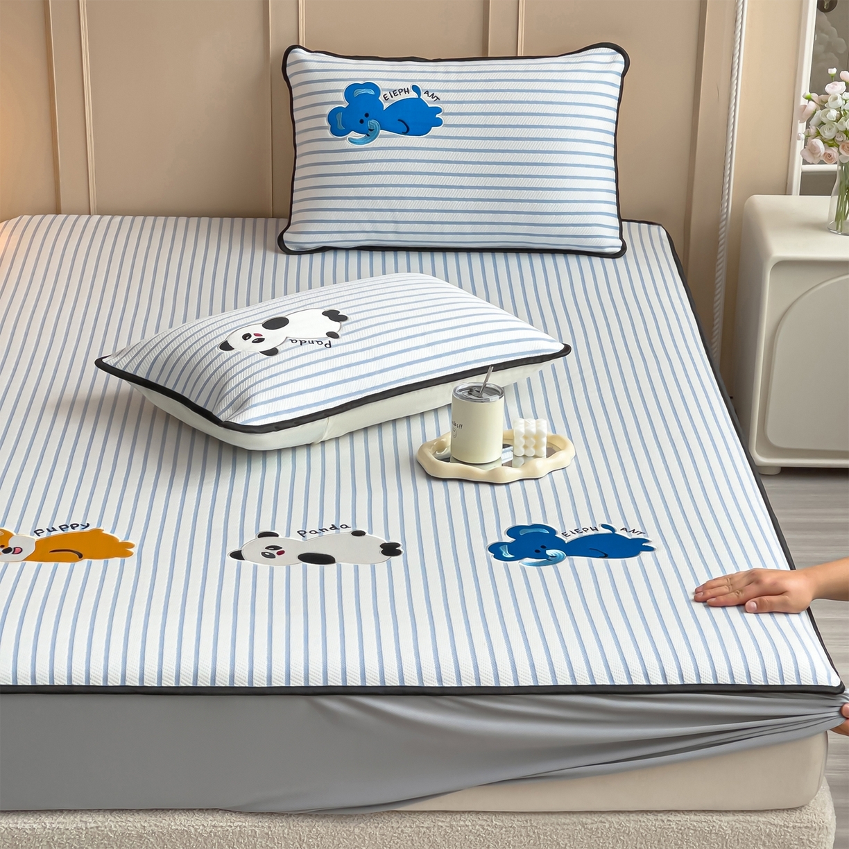 91家纺网 家纺一手货源 找家纺 （总）炫拼家纺 2026新款A类凉豆豆提花条纹卡通刺绣床笠席