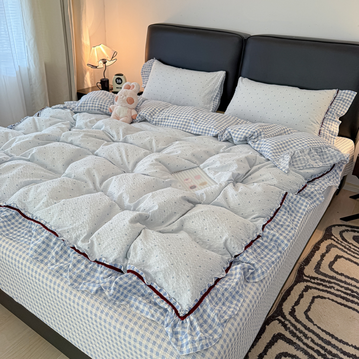 91家纺网 家纺一手货源 找家纺 （总）子钦家纺 2026春夏新款提花泡芙棉立体双层花边简约韩系风床单床笠四件套-安妮