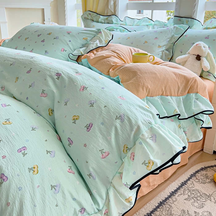 91家纺网 家纺一手货源 找家纺 （总）找底底家纺 2026新款A类泡泡棉双层纱四件套花边夏被四件套