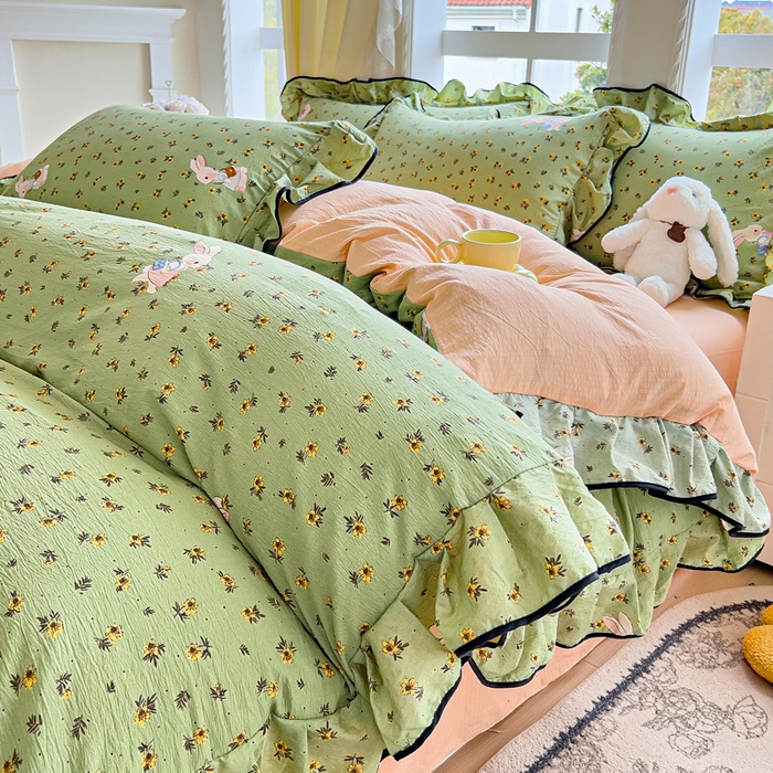 91家纺网 家纺一手货源 找家纺 （总）找底底家纺 2026新款A类泡泡棉双层纱四件套花边夏被四件套