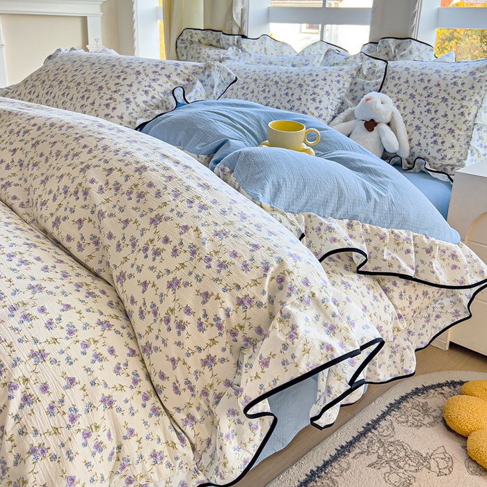 91家纺网 家纺一手货源 找家纺 （总）找底底家纺 2026新款A类泡泡棉双层纱四件套花边夏被四件套