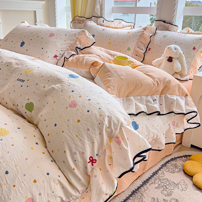 找底底家纺 2026新款A类泡泡棉双层纱四件套花边夏被四件套 波点爱心