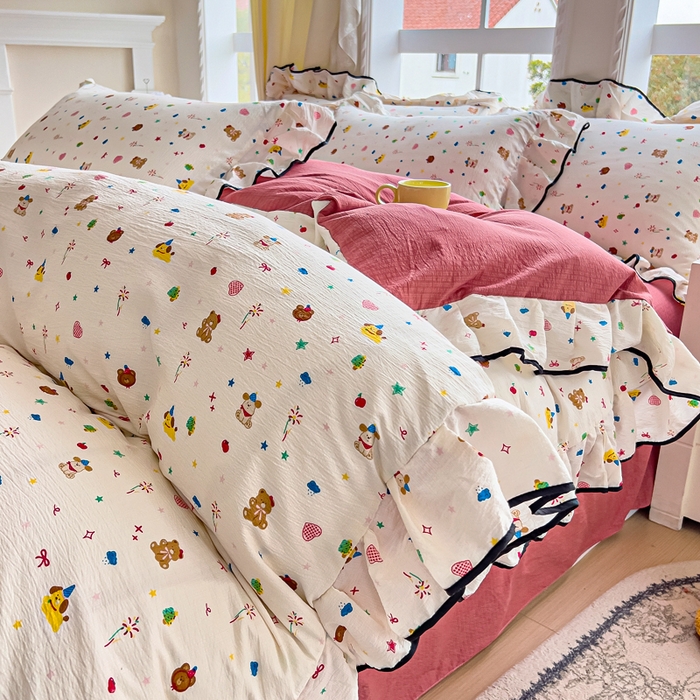 找底底家纺 2026新款A类泡泡棉双层纱四件套花边夏被四件套 小确幸