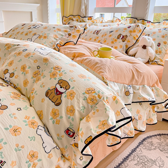 找底底家纺 2026新款A类泡泡棉双层纱四件套花边夏被四件套 萌宠拾光