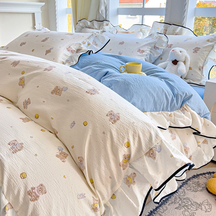 找底底家纺 2026新款A类泡泡棉双层纱四件套花边夏被四件套 熊仔