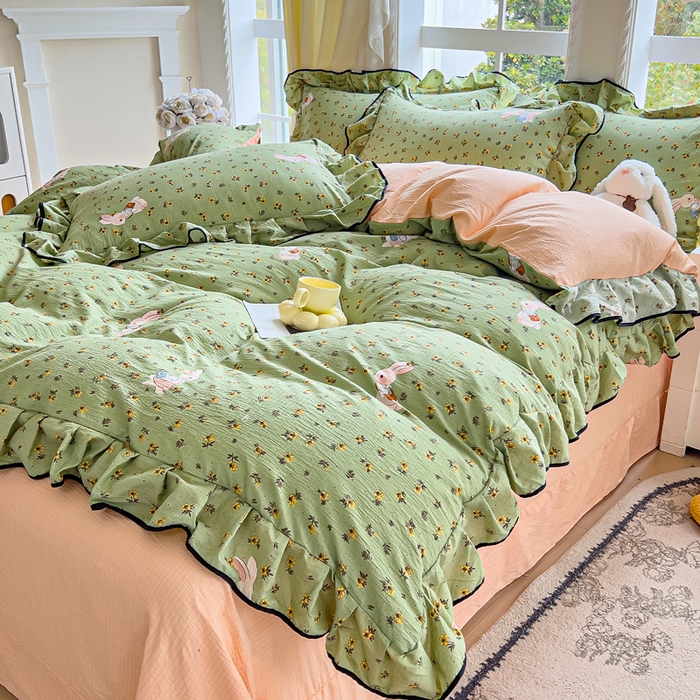 91家纺网 家纺一手货源 找家纺 找底底家纺 2026新款A类泡泡棉双层纱四件套花边夏被四件套 青橘兔