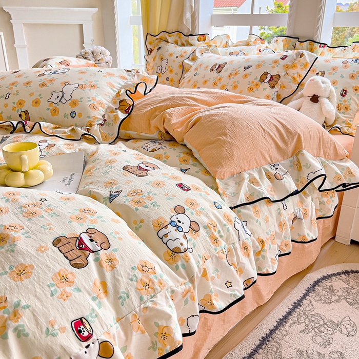 91家纺网 家纺一手货源 找家纺 找底底家纺 2026新款A类泡泡棉双层纱四件套花边夏被四件套 萌宠拾光