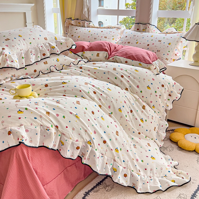 91家纺网 家纺一手货源 找家纺 找底底家纺 2026新款A类泡泡棉双层纱四件套花边夏被四件套 小确幸