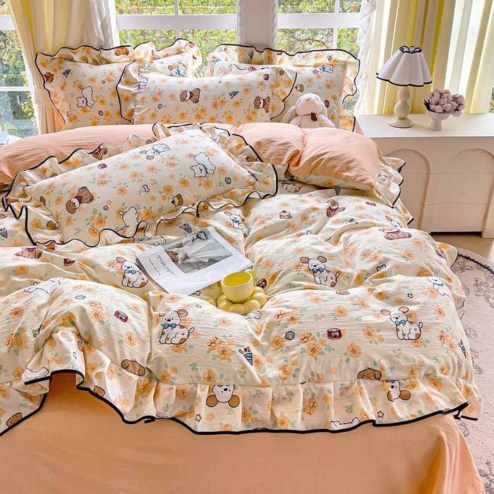 91家纺网 家纺一手货源 找家纺 找底底家纺 2026新款A类泡泡棉双层纱四件套花边夏被四件套 萌宠拾光